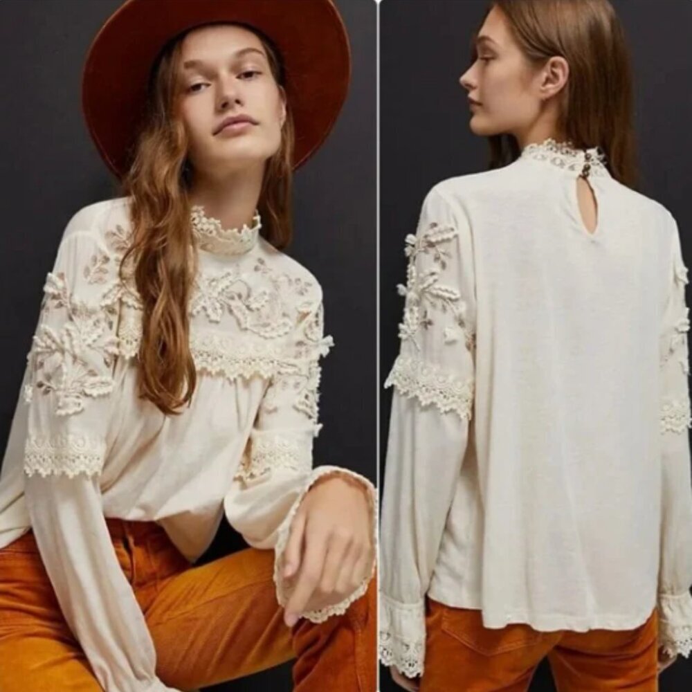 Anthropologie Jemma Crochet Lace Victorian Blouse Cream Tan Size Small